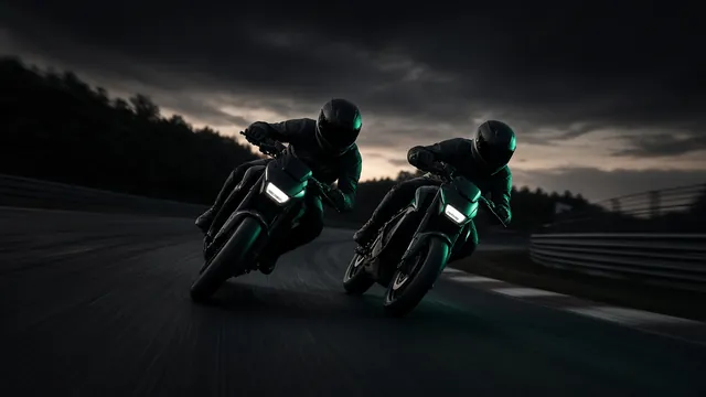 Two electric motorcycles leaning into a corner on a racetrack at dusk