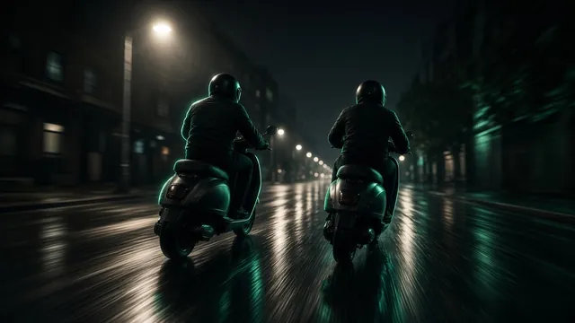 Two riders on seated electric moped scooters racing side by side through a city street at night