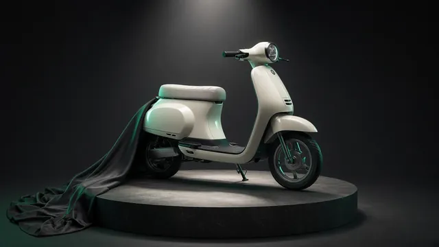 A new seated electric step-through scooter unveiled on a pedestal under a spotlight